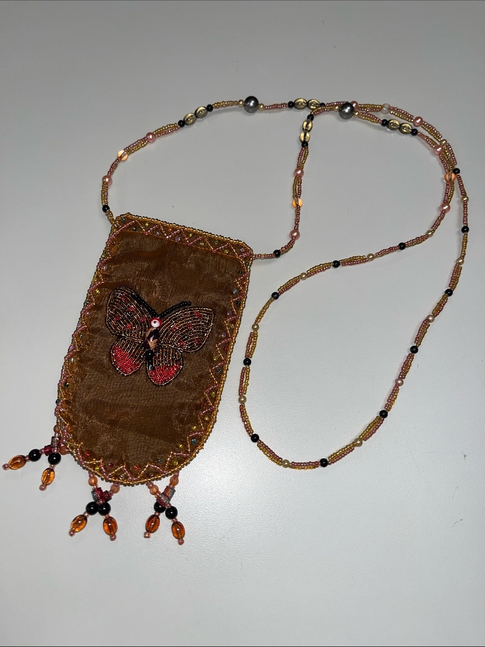 Source Unknown Brown Beaded Fringe Phone Case Charm w/ butterfly